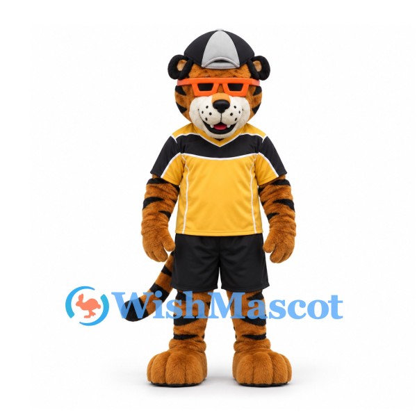 Tiger Mascot Costume with Yellow Sports Shirt Black Shorts and Helmet