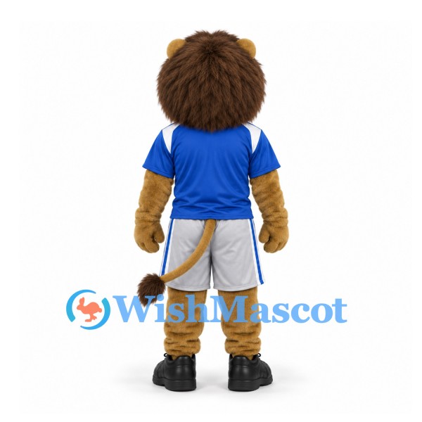 Lion Mascot Costume in Blue Shirt and Gray Sports Shorts