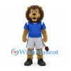 Lion Mascot Costume in Blue Shirt and Gray Sports Shorts