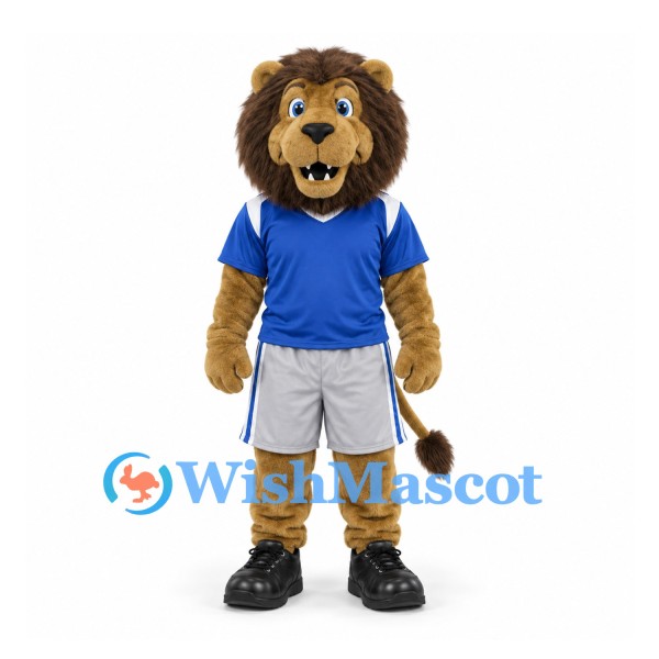 Lion Mascot Costume in Blue Shirt and Gray Sports Shorts