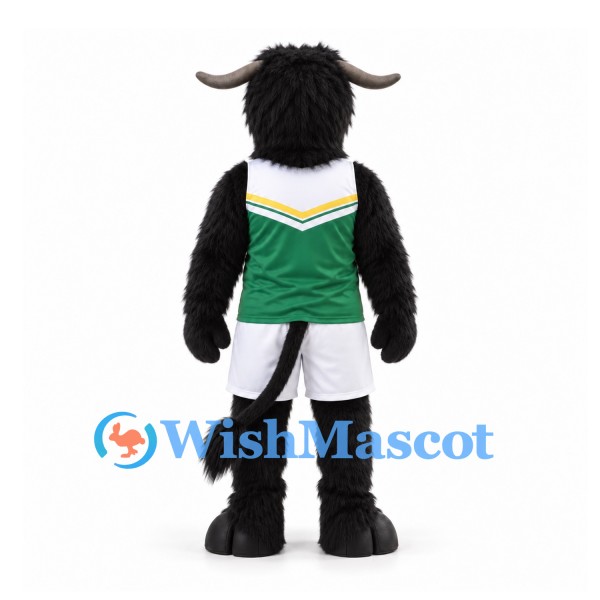 Bull Mascot Costume in Black with Green Sports Jersey and White Shorts