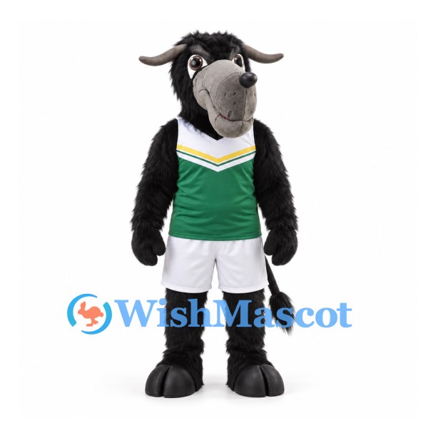 Bull Mascot Costume in Black with Green Sports Jersey and White Shorts
