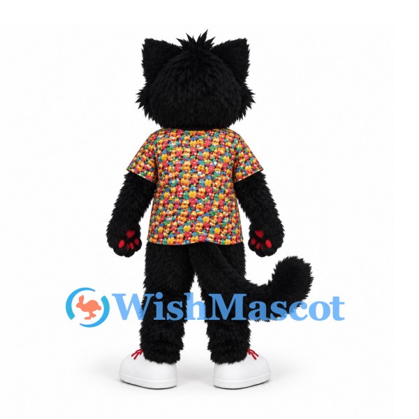Wolf Mascot Costume in Black and Red with Multicolor Shirt