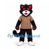 Wolf Mascot Costume in Black and Red with Multicolor Shirt