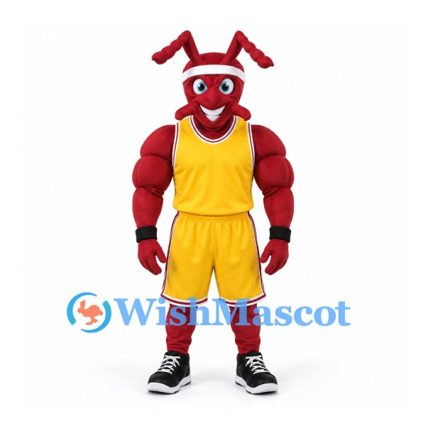 Ant Mascot Costume in Red with Yellow Basketball Uniform