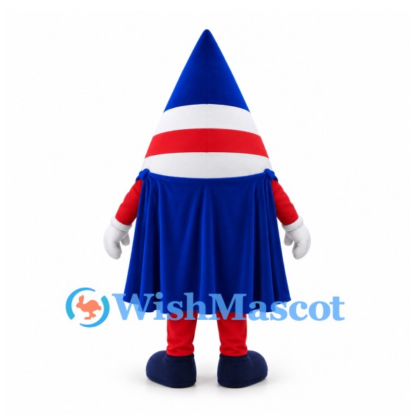 Rocket Mascot Costume in Red White and Blue with Star Pattern and Cape