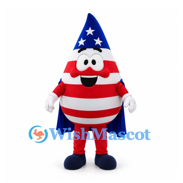 Rocket Mascot Costume in Red White and Blue with Star Pattern and Cape