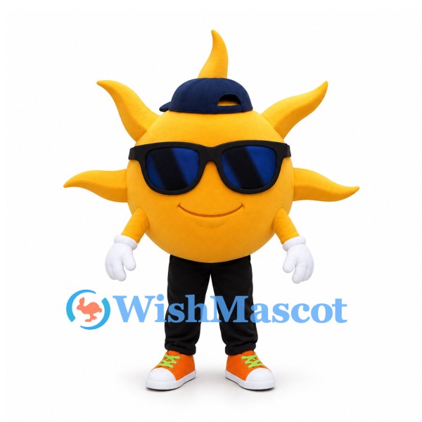 Sun Mascot Costume with Sunglasses Navy Cap and Black Trousers