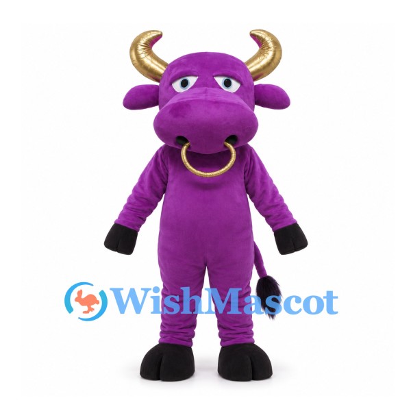 Bull Mascot Costume in Purple with Gold Horns and Nose Ring
