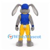 Rabbit Mascot Costume in Gray with Blue Vest and Yellow Trousers