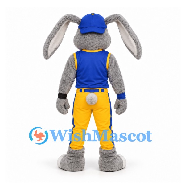 Rabbit Mascot Costume in Gray with Blue Vest and Yellow Trousers