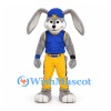 Rabbit Mascot Costume in Gray with Blue Vest and Yellow Trousers
