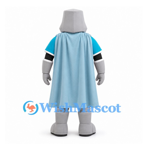 Knight Mascot Costume in Gray Armor with Burgundy Tunic and Blue Cape