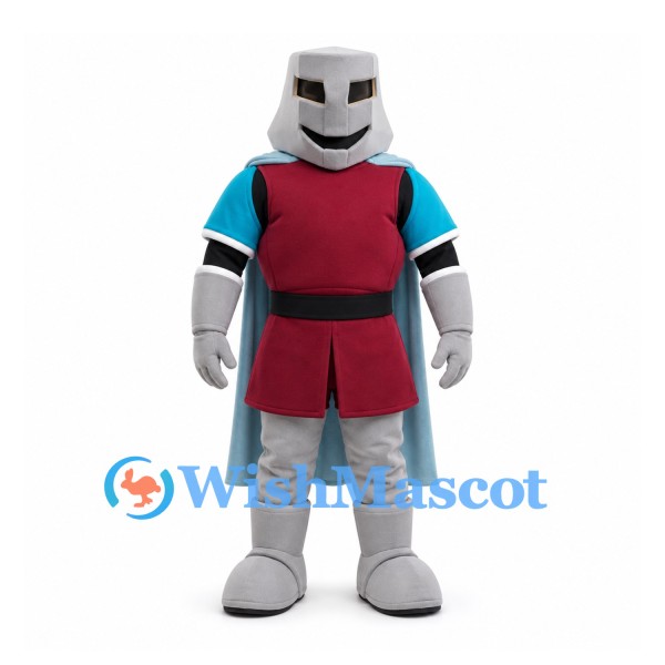 Knight Mascot Costume in Gray Armor with Burgundy Tunic and Blue Cape