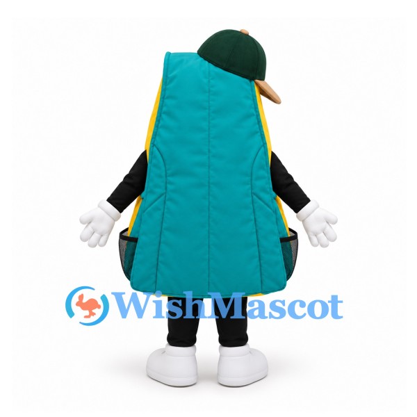 Backpack Mascot Costume in Yellow and Teal with Green Cap