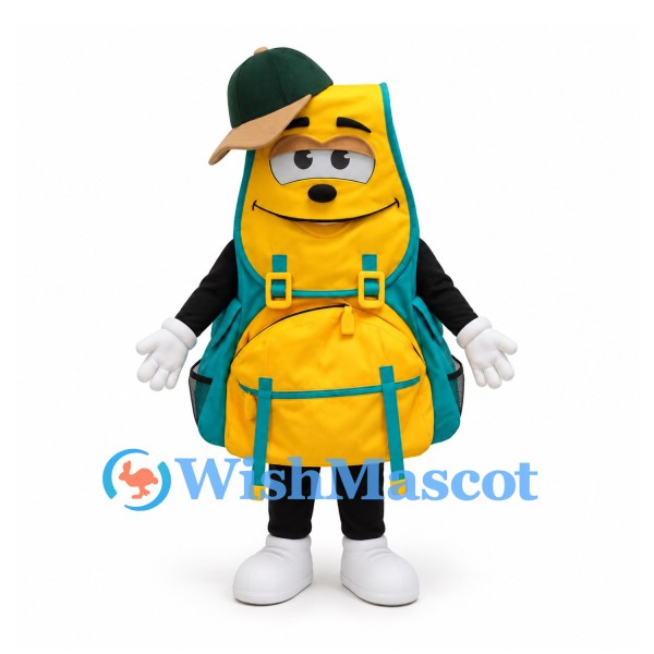 Backpack Mascot Costume in Yellow and Teal with Green Cap
