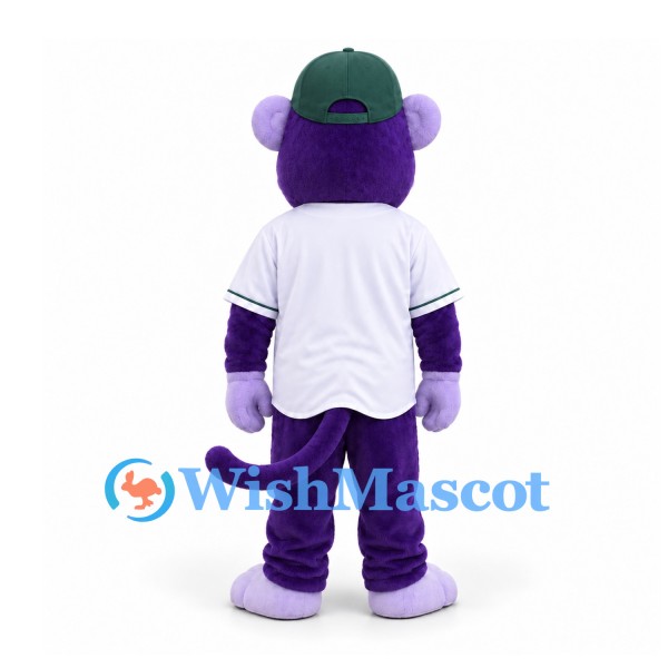 Monkey Mascot Costume in Purple with White Baseball Jersey and Green Cap