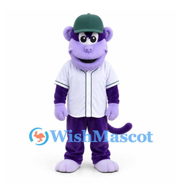 Monkey Mascot Costume in Purple with White Baseball Jersey and Green Cap