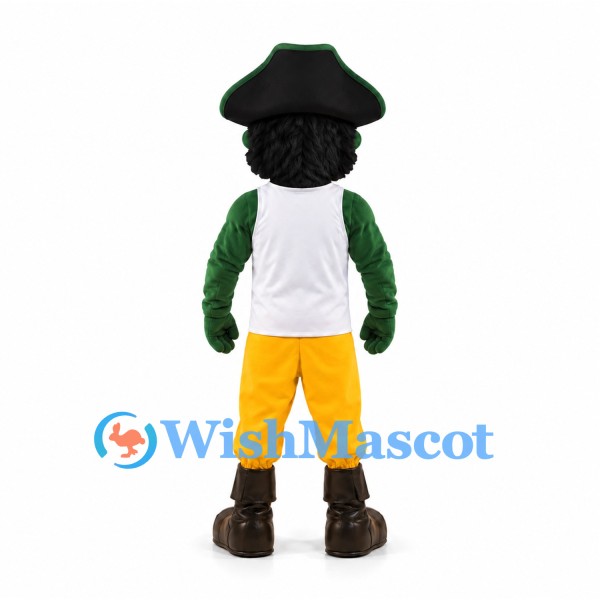Pirate Mascot Costume in Green and Yellow with Black Tricorn Hat