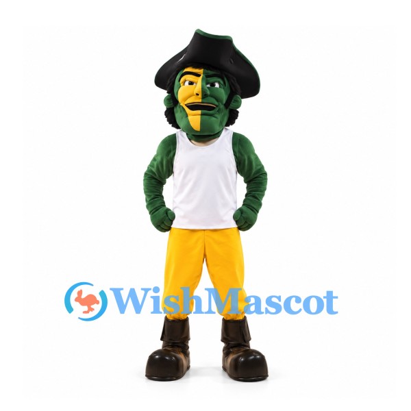 Pirate Mascot Costume in Green and Yellow with Black Tricorn Hat