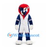 Lion Mascot Costume in Navy and White Sports Uniform with Red Mane