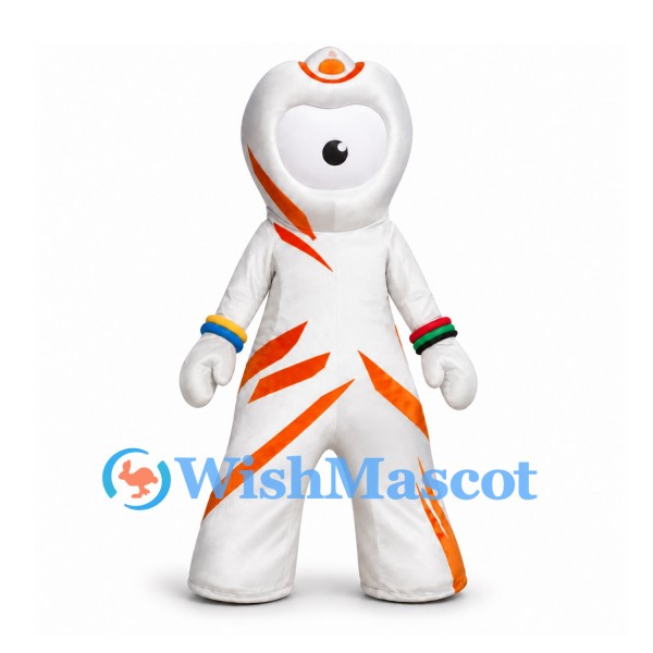 Cyclops Mascot Costume in White with Orange Stripes and Colored Wristbands