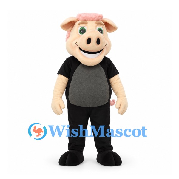 Pig Mascot Costume in Pink with Black Shirt and Trousers