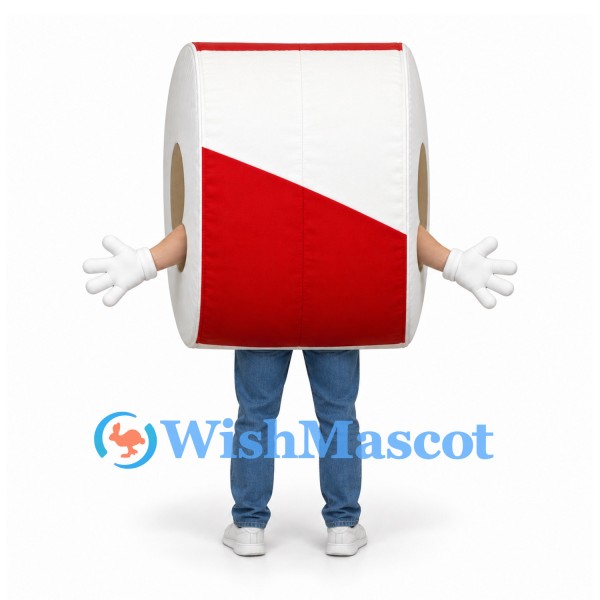 Paper Roll Mascot Costume in White and Red with Blue Trousers