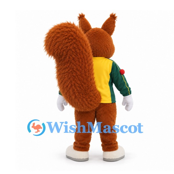 Squirrel Mascot Costume in Brown with Yellow Shirt and Green Jacket
