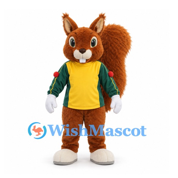 Squirrel Mascot Costume in Brown with Yellow Shirt and Green Jacket