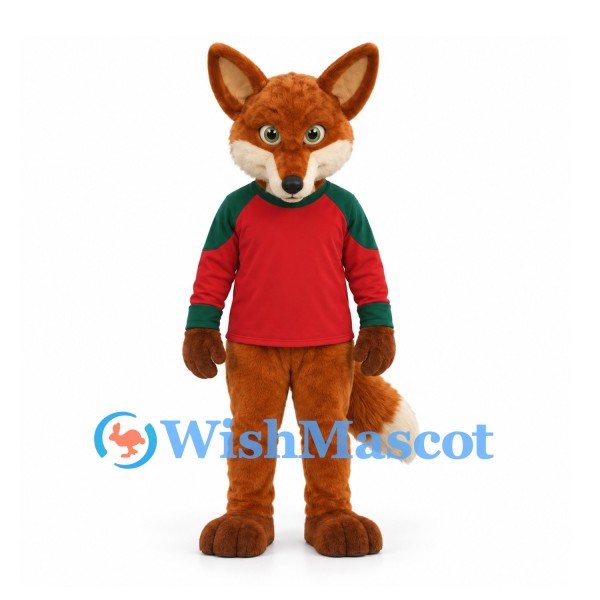 Fox Mascot Costume in Rust Brown with Red and Green Shirt