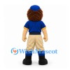 Bearded Man Mascot Costume in Blue Shirt and Cap with Beige Trousers