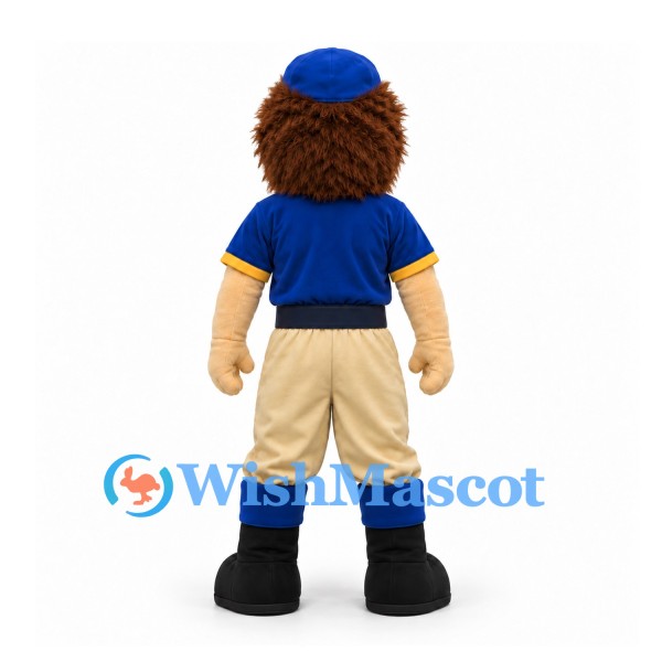 Bearded Man Mascot Costume in Blue Shirt and Cap with Beige Trousers