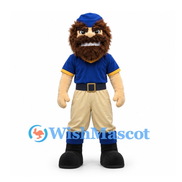 Bearded Man Mascot Costume in Blue Shirt and Cap with Beige Trousers