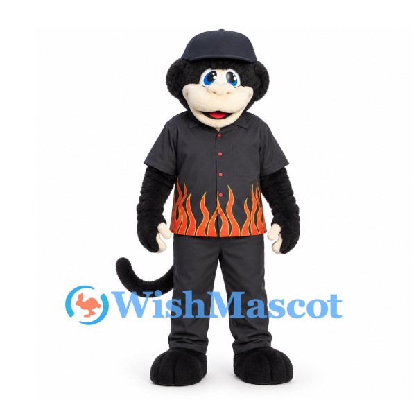 Monkey Mascot Costume in Black with Flame Print Shirt and Cap
