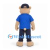 Bear Mascot Costume in Tan with Blue Shirt and Navy Cap
