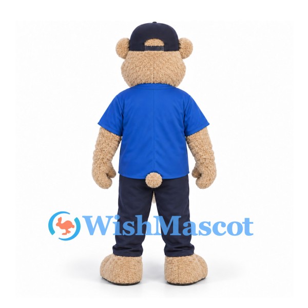 Bear Mascot Costume in Tan with Blue Shirt and Navy Cap