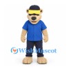 Bear Mascot Costume in Tan with Blue Shirt and Navy Cap