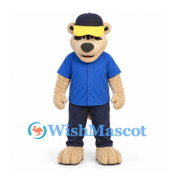 Bear Mascot Costume in Tan with Blue Shirt and Navy Cap