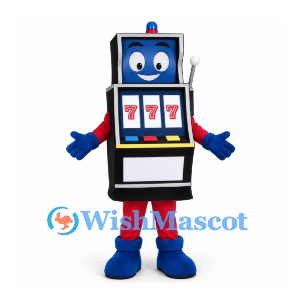 Slot Machine Mascot Costume in Black with Red Trousers and Blue Gloves