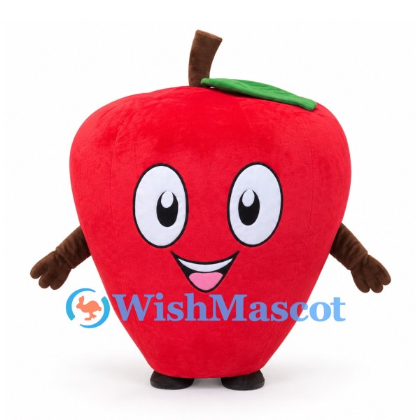 Apple Mascot Costume in Red with Brown Arms and Green Leaf