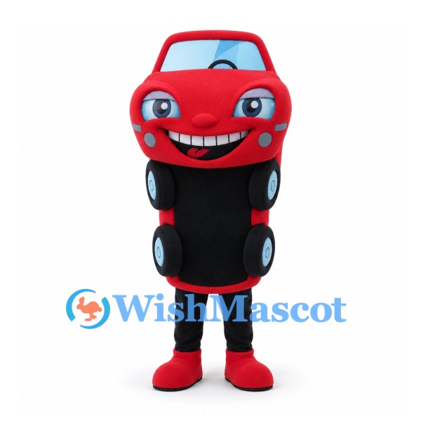 Car Mascot Costume in Red and Black with Smiling Face