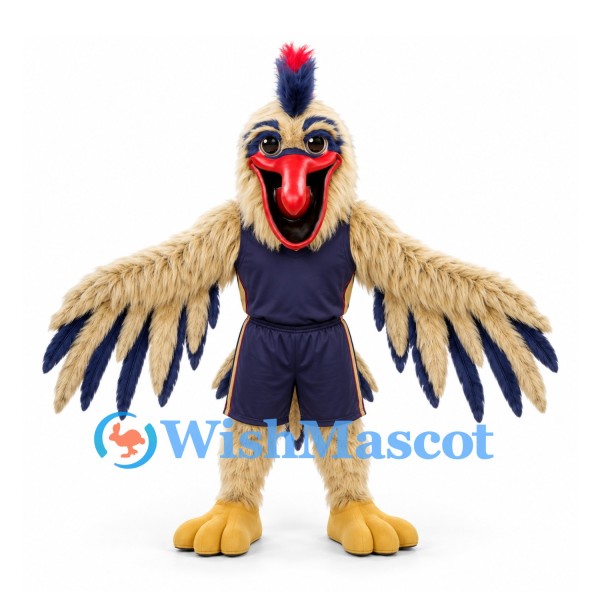 Rooster Mascot Costume in Tan with Navy Sports Uniform and Long Wing Feathers