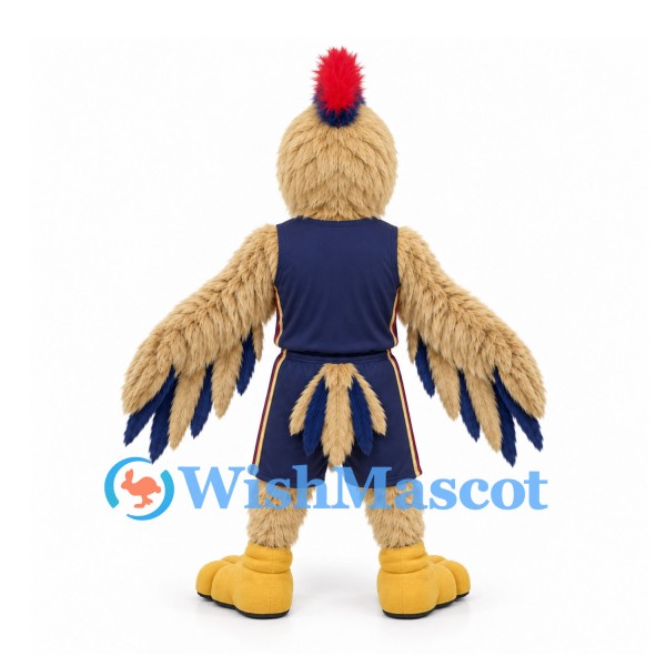 Rooster Mascot Costume in Tan with Navy Sports Uniform and Yellow Beak
