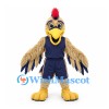 Rooster Mascot Costume in Tan with Navy Sports Uniform and Yellow Beak