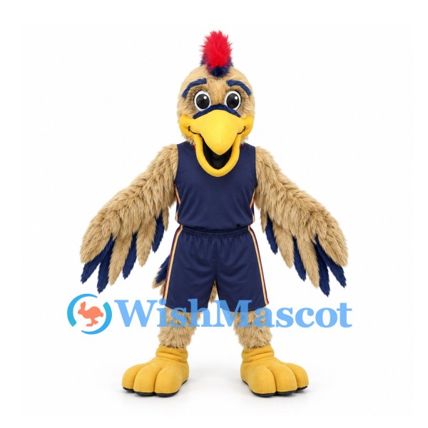 Rooster Mascot Costume in Tan with Navy Sports Uniform and Yellow Beak