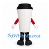 Coffee Cup Mascot Costume in White with Black Lid and Red Sleeves