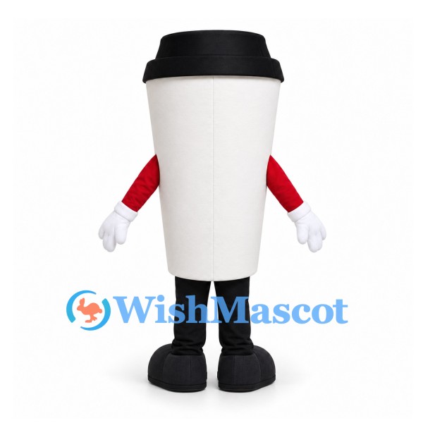 Coffee Cup Mascot Costume in White with Black Lid and Red Sleeves