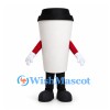 Coffee Cup Mascot Costume in White with Black Lid and Red Sleeves