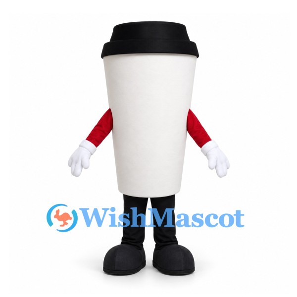 Coffee Cup Mascot Costume in White with Black Lid and Red Sleeves